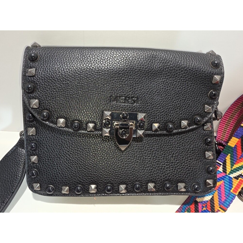 MERSI Vegan Crossbody Bag Multicolor Guitar Strap Black Studded - Picture 2 of 9